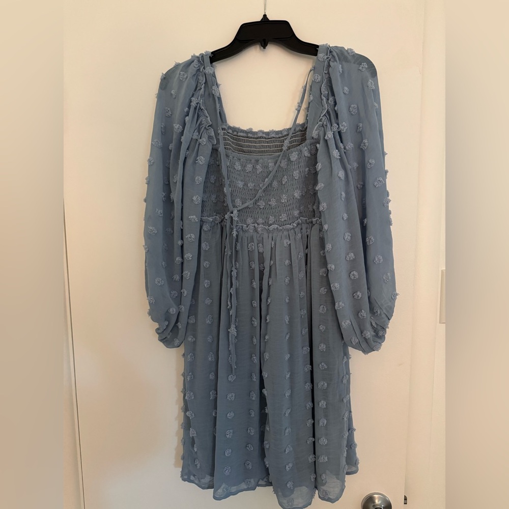 Pinkblush Light Blue Textured Dot Smocked Square Neck Mini Dress, M - Picture 3 of 3